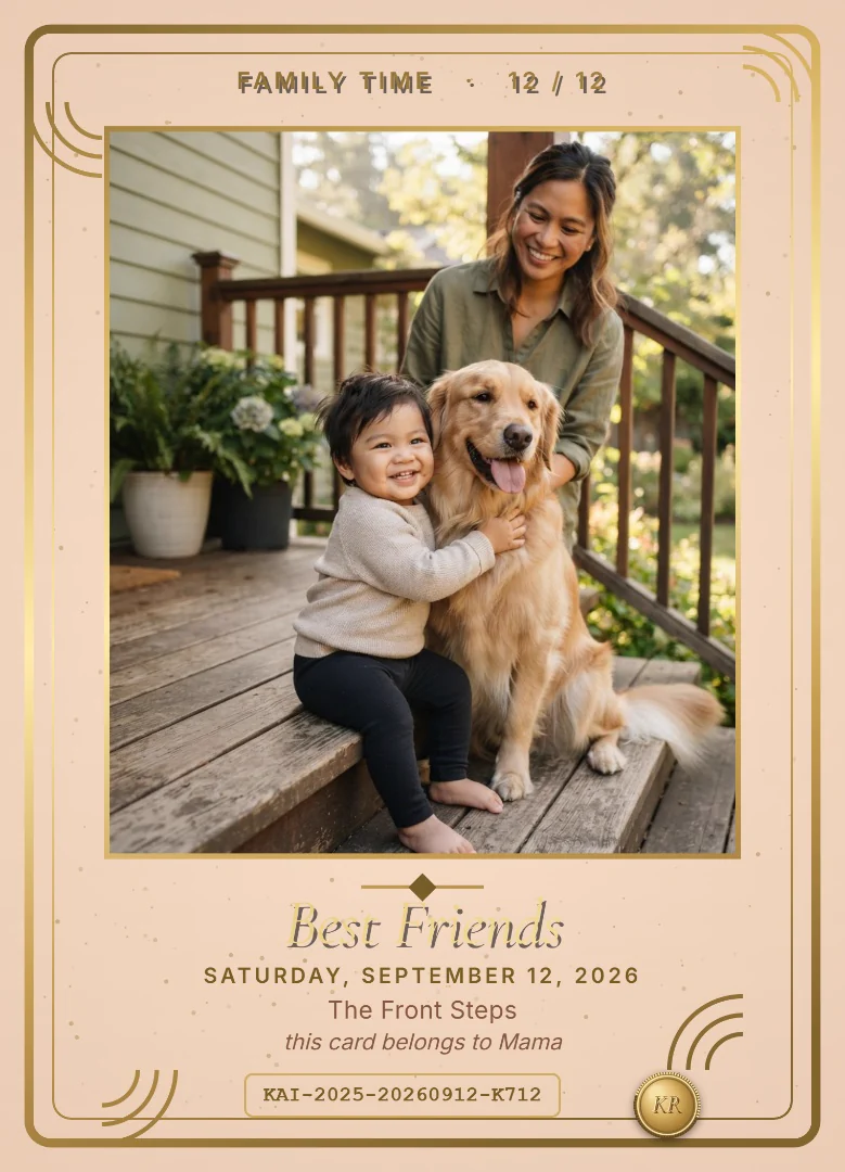 A one-year-old boy hugging a golden retriever on the front steps while his mother smiles behind them, on a peach and gold keepsake card