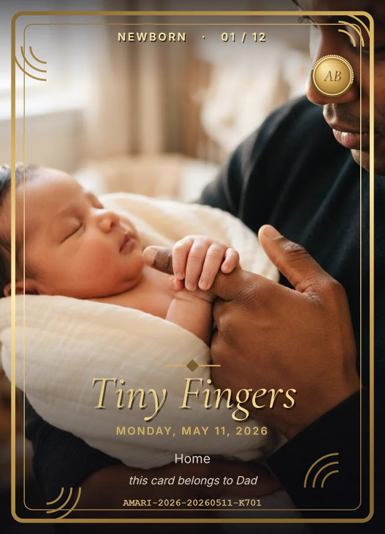 A newborn&rsquo;s tiny hand curled around her father&rsquo;s finger, on a full-bleed keepsake card, as photographed