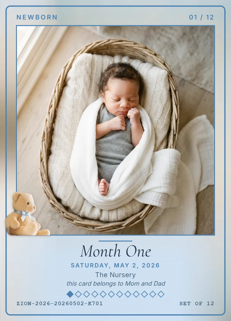 A one-month-old baby asleep in a woven basket wrapped in white muslin, seen from above, on a baby blue keepsake card with a teddy bear in a blue bow