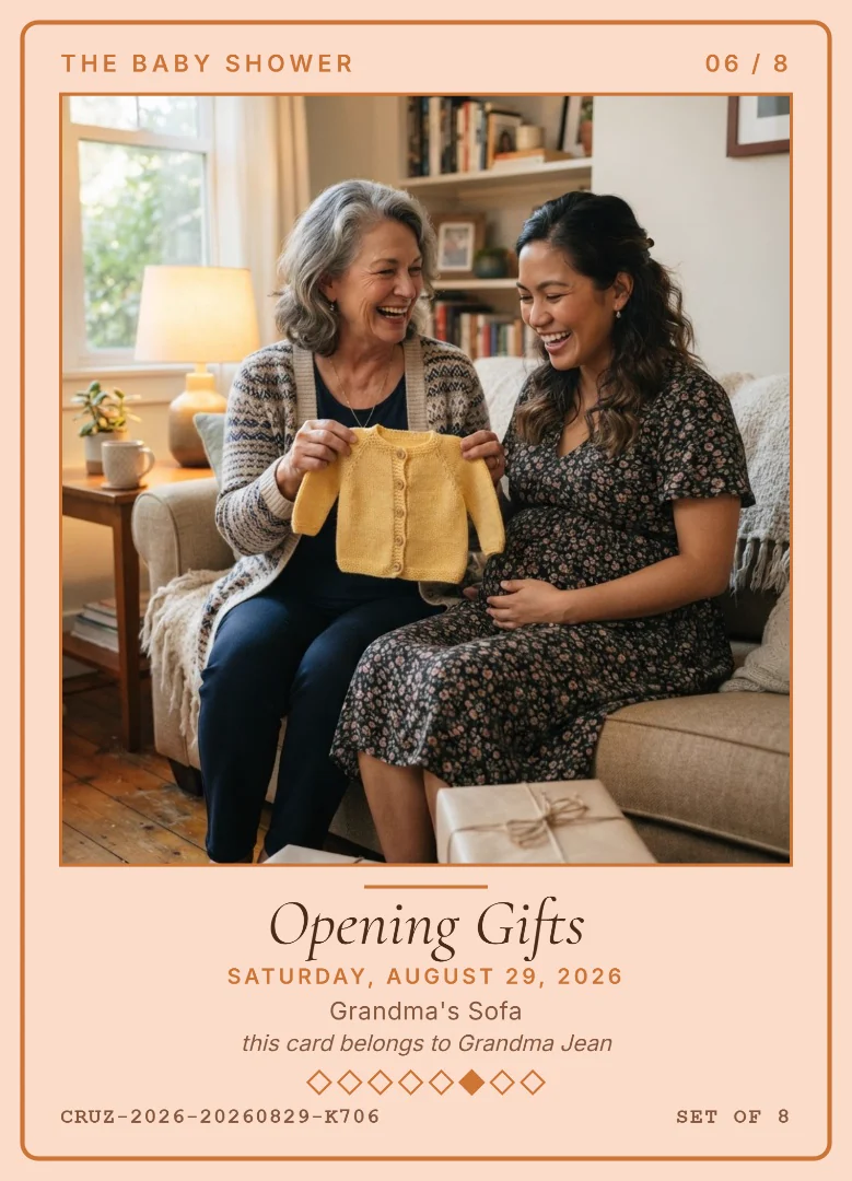 A grandmother and her daughter-in-law holding up a tiny yellow knitted cardigan between them on a sofa, on a peach keepsake card