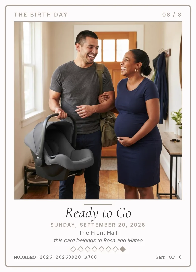 A man holding an empty car seat and a bag beside his smiling pregnant wife in their front hall, on an ivory keepsake card