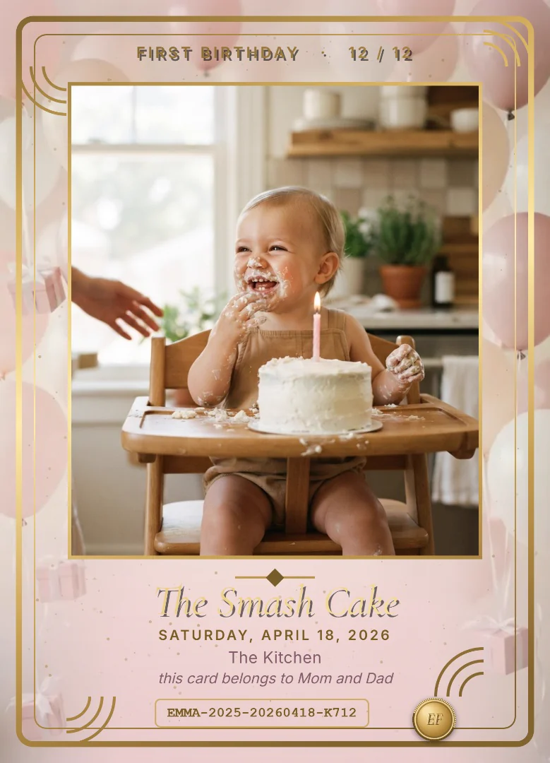 A one-year-old girl covered in frosting laughing at her smash cake with a pink candle, on a blush pink keepsake card with pink balloons and gift boxes