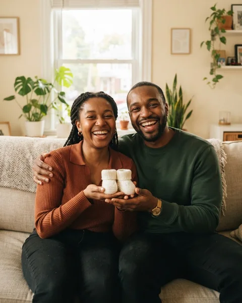 A couple laughing on their sofa holding up a tiny pair of white knitted baby booties