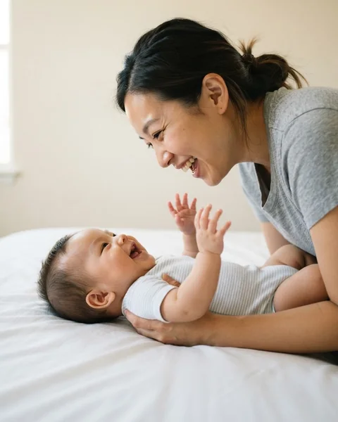 A two-month-old baby grinning up at her laughing mother on a white bed